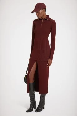Ribbed Slit Midi Skirt In Sustainable Wool
