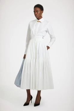 Buttoned Tiered Midi Skirt In Organic Cotton